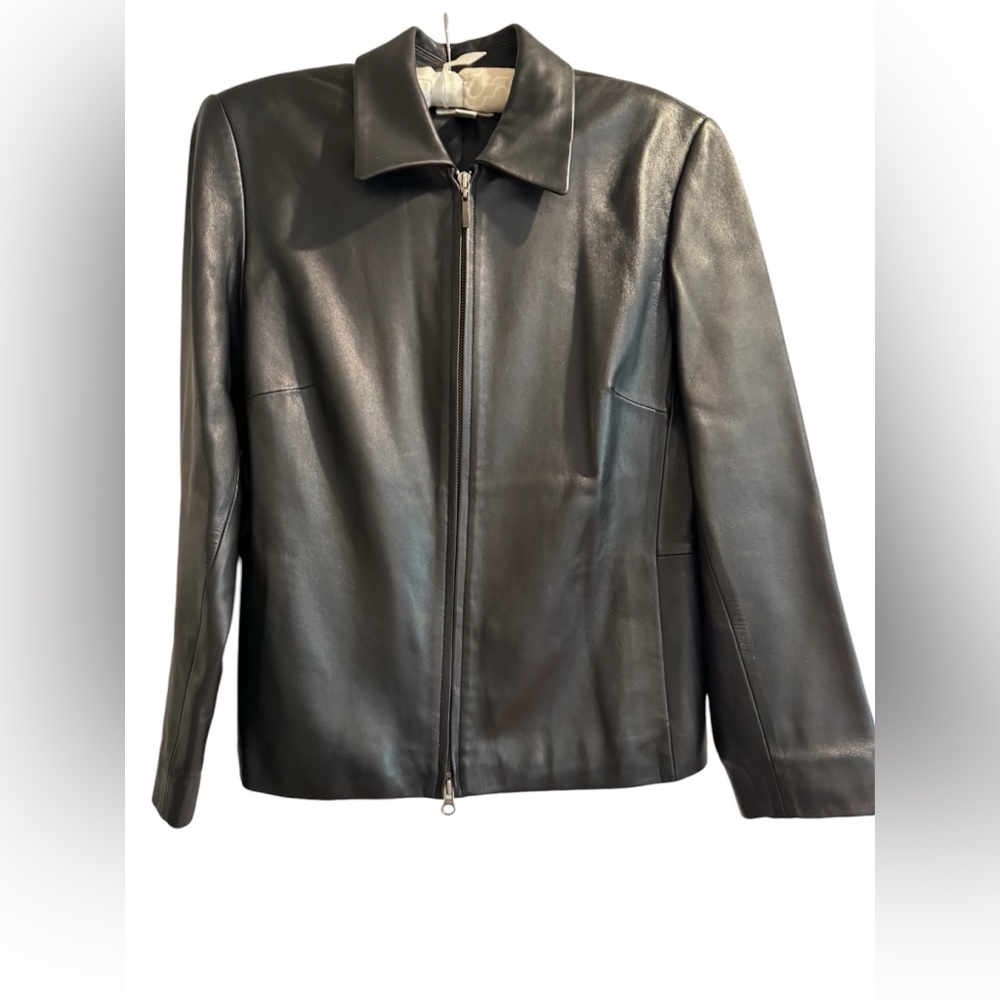 Talbots women’s black leather zip jacket. Size 12 petites